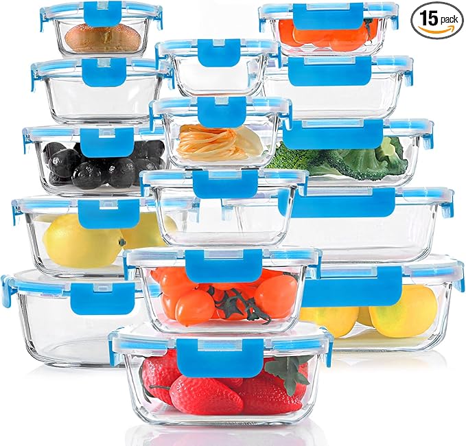 30 Pieces Glass Food Storage Containers, Meal Prep Set with Snap Locking Lids, Airtight lunch Containers, BPA-Free, Microwave, Oven, Freezer & Dishwasher Friendly,Blue