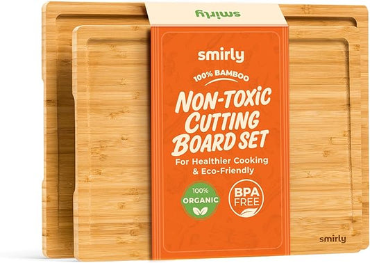 SMIRLY Bamboo Wooden Cutting Boards for Kitchen, Set of 2 Medium - Small, Bamboo Wood Cutting Board Set with Deep Juice Grooves, Non Toxic Serving Tray, House Warming Gifts
