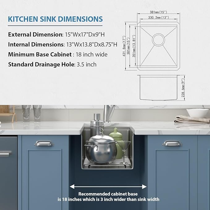 15 Inch Undermount Bar Sink 15x17 Inch Single Bowl Workstation 16 Gauge Stainless Steel Small Undermount Bar Prep Sinks