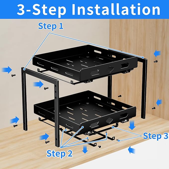 Pull Out Spice Rack Organizer for Cabinet, 2 Tier Cabinet Spice Rack Organizer, Height Adjustable Vertical Spice Rack for Kitchen Cabinet (11.9''Wx10.8''Dx9.2''H, Metal Black)