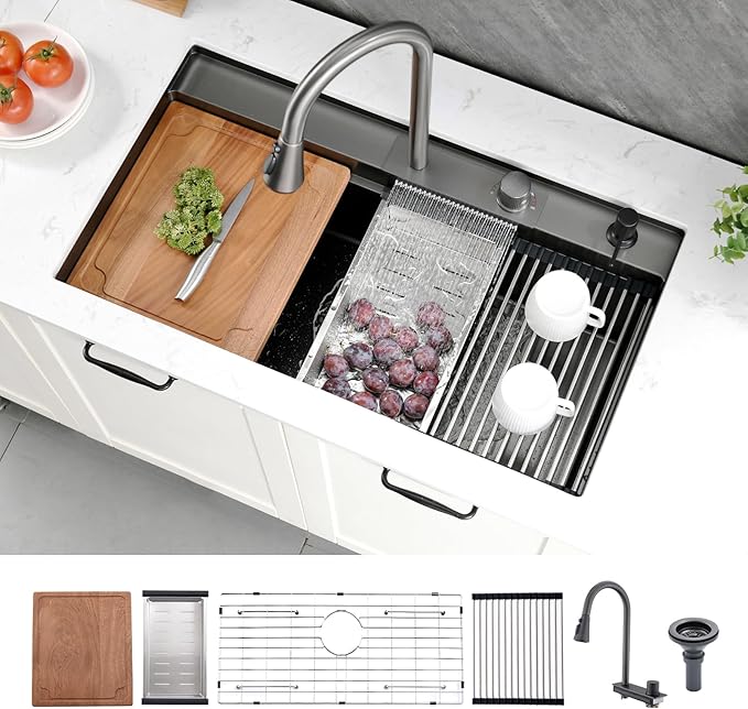 33 Undermount Kitchen Sink with Faucet, 33x19 Black Stainless Steel Workstation Undermount Waterfall Kitchen Sink Dual Mount Pull Down Sprayer Faucet