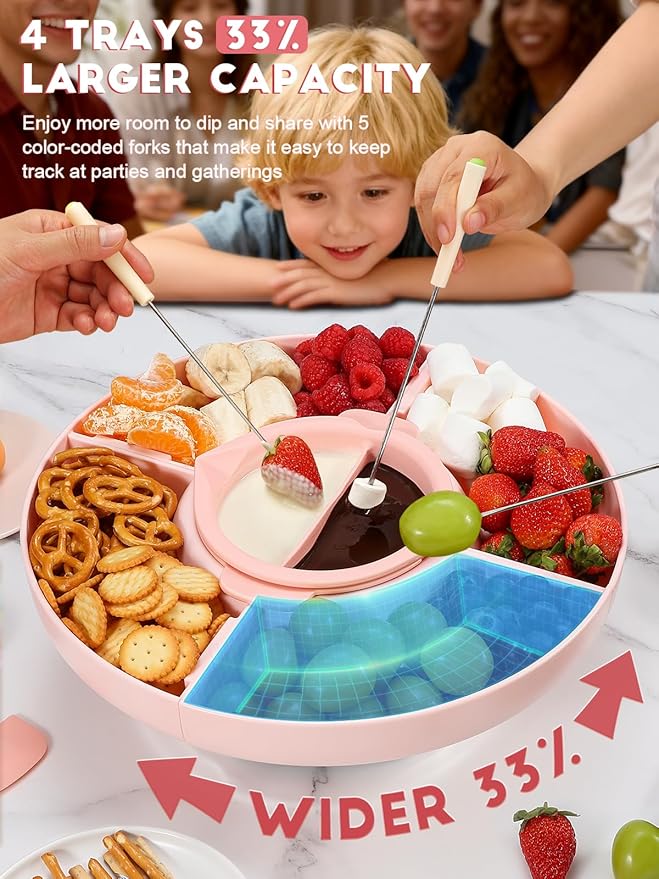 Chocolate Fondue Pot Set Electric Melting Machine, 4-Cup Capacity 4 Trays 5 Forks 1 Spatula Cheese Warmer, Ideal Gift for Couple Family & Date Night Idea House Warming Holidays Essentials