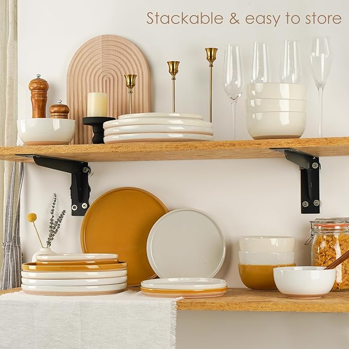 24 Pieces Farmhouse Stoneware Dinnerware Set for 8, Speckled Ceramic Plates and Bowls Set, Matte Terracotta Underside Ceramic Dish Set Scratch Resistant Microwave Dishwasher Safe (Autumn Melody)