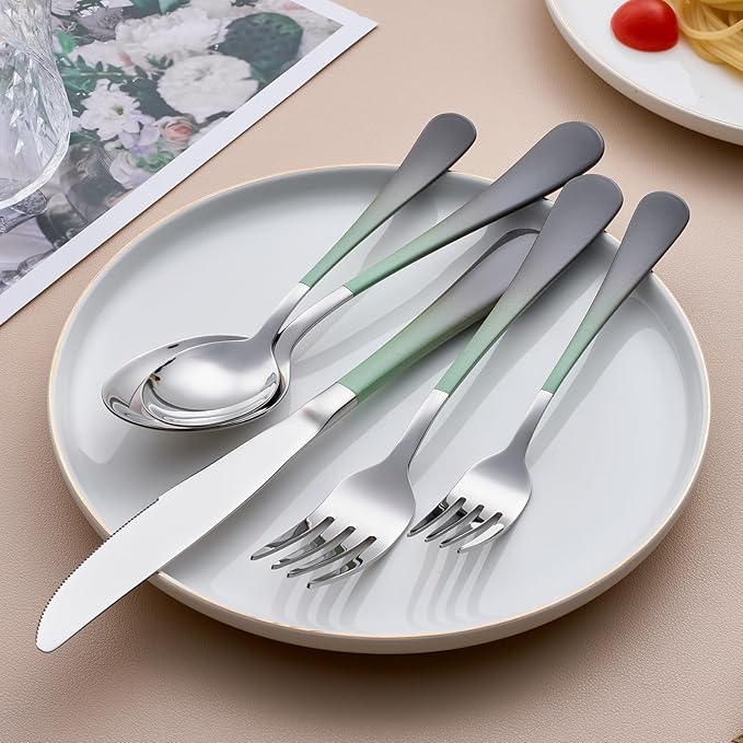 20-Piece Green and Gray Silverware Set for 4, 18/0 Stainless Steel Flatware Cutlery Utensils Set, Include Dinner Knives,Dinner Forks,Dinner Spoons,Salad Forks,Teaspoons,Dishwasher Safe