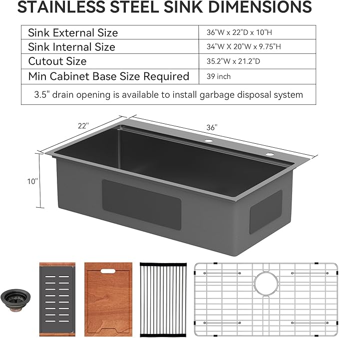 Lordear 36 Inch Black Drop In Kitchen Sink - 36x22x10 Inch Drop in Top Mount Sink 16 Gauge Stainless Steel Single Bowl Ledge Worktation Kitchen Sinks Handmade Deep Basin With Cutting Board