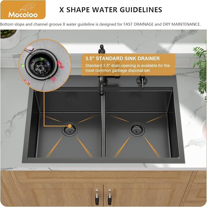 Mocoloo Black Drop In Kitchen Sink - 50/50 Black Drop In Double Bowl NANO-PVD 16 Gauge Stainless Steel Topmount Kitchen Sinks Handmade, 33''x22''x10''