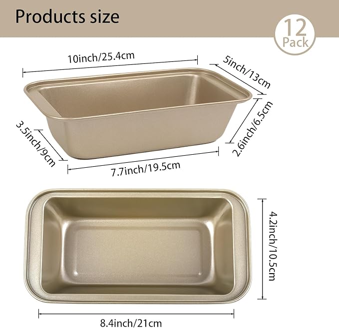 Mini Loaf Pans,12 Pack Loaf Pan for Baking Bread, Non Stick Small Banana Bread Tins 10 x 5.1 x 2.5 Inches, Carbon Steel Meatloaf Pan for Oven, Ideal for Baking Cakes, Tiny Loaf Tins, and Bread