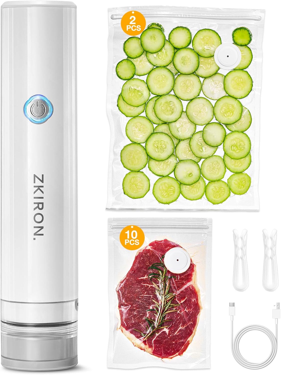 OneTouch Handheld Vacuum Sealer with 12 Reusable Vacuum Bags – Compact Food Sealer with Detachable Transparent Suction for Sous Vide, Meal Prep & Kitchen Storage, Portable Food Saver