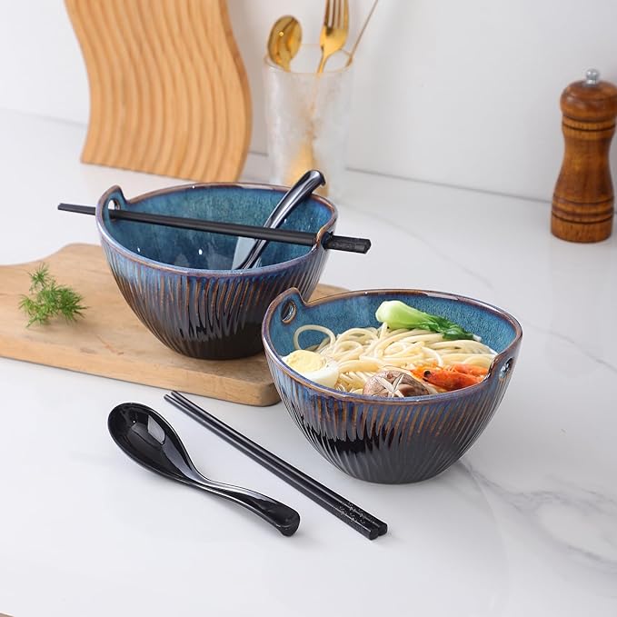 Ceramic Ramen Bowl with Chopsticks and Spoons Set, 6.7 Inch Noodle Bowl Set for Pho Udon Soba, Set of 2 (Sky Blue)