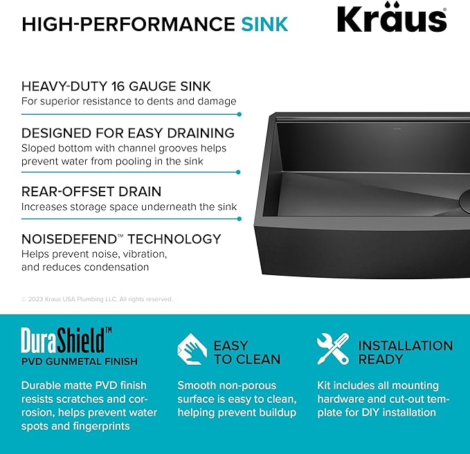 Kraus Kore 33-Inch Farmhouse Workstation with In Sink Dish Drying Rack, Stainless Steel Kitchen Sink Gun Metal Finish, KWF410-33/PGM