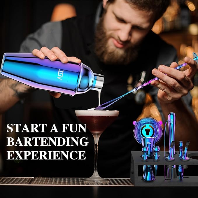 IOV Mixology Bartender Kit with Stand | 12-Piece Cocktail Shaker Set | 24oz Martini Shaker Set for Drink Mixing | Bar Set Includes All Bar Tools and Recipe Booklet | Fun Housewarming Gift (Rainbow)