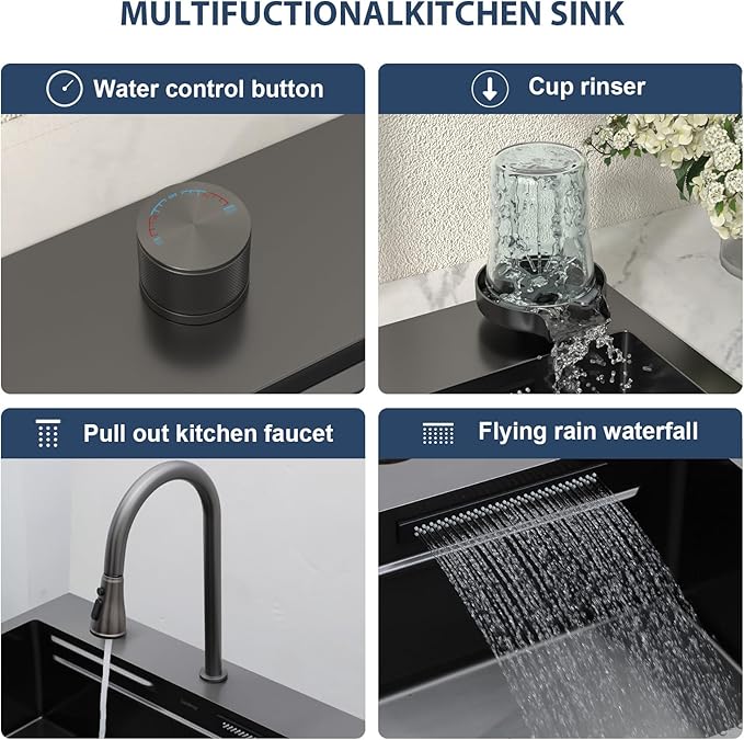 Lordear 31 Black Drop in Waterfall Kitchen Sink -31"x20" Drop In Kitchen Sink Ledge Workstation Gunmetal Black 16 Gauge Single Bowl Topmount Handmade Sinks with Pull Out Faucet