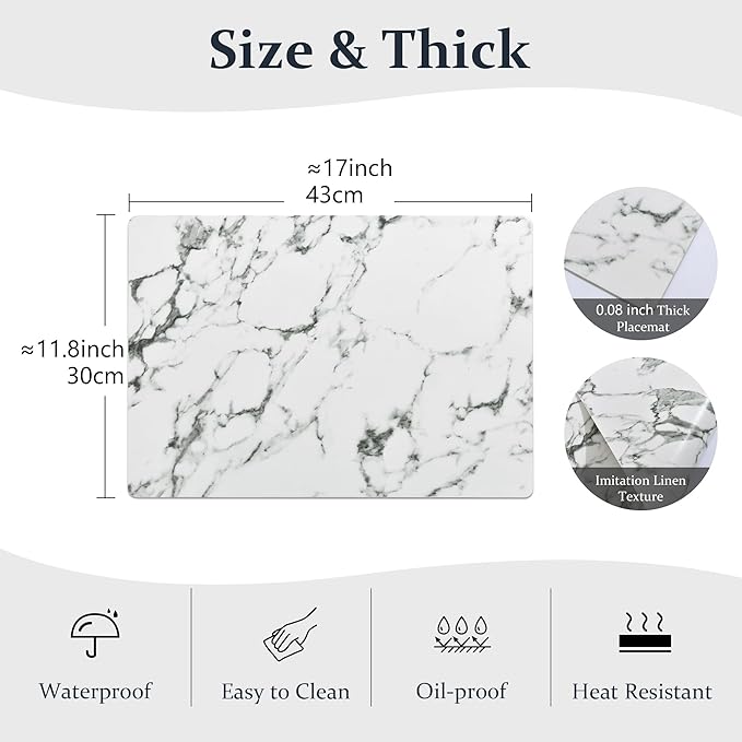 FROMHEART Faux Leather Placemats Set of 8–Waterproof,Heat/Oil Stain-Resistant PU Table Mat–Reversible,Easy to Clean Place Mats for Kitchen,Dining,Indoor/Outdoor,(Marble,11.8" x 17")