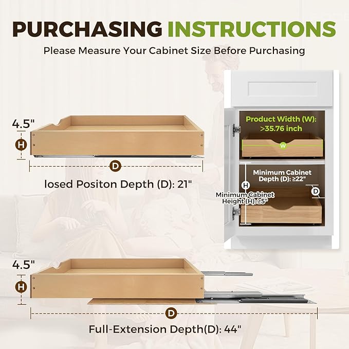 Pull Out Drawers for Cabinet Wood 33" W x 23" D x 4.5" H Slide Out Organizer and Storage Kitchen Cabinet Drawers Slide Out Shelves Pull Out Shelves in Kitchen Pantry Bathroom with Soft Close