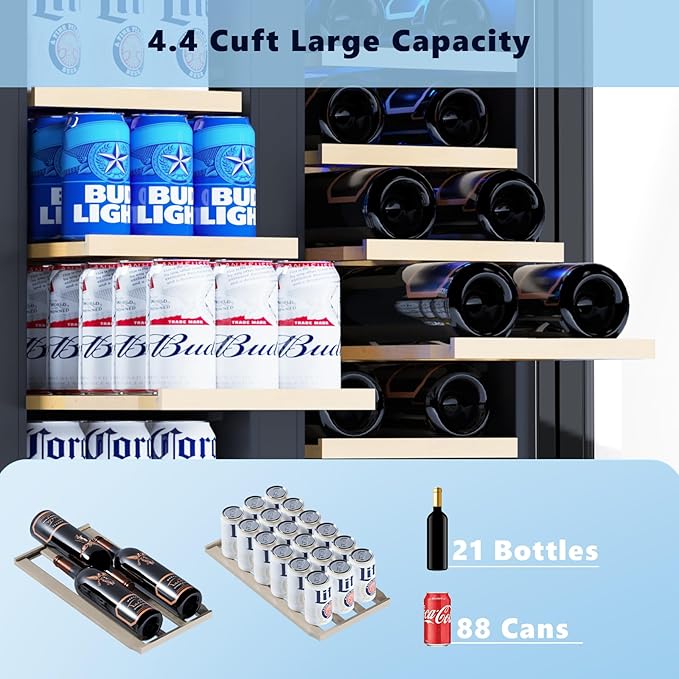 Dual Zone Wine Cooler with Glass Door, 21 Bottles and 88 Cans Wine and Beverage Refrigerator, 4.4 cu.Ft 24 Inch Built in or Under Counter Wine Fridge with LED Light, Two Door Lock