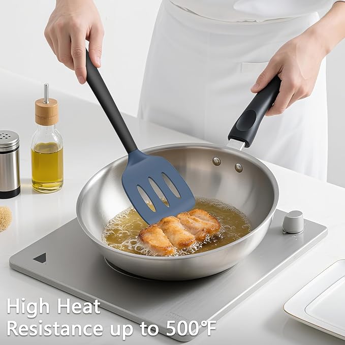 Coukre 3 Pack Silicone Spatula Set, High Heat Resistant, BPA-Free, Fish Spatula, Solid & Slotted Turner for Non-Stick Pans, Flipping Eggs, Pancakes, Fish, Burgers (3, DarkBlueBlack)