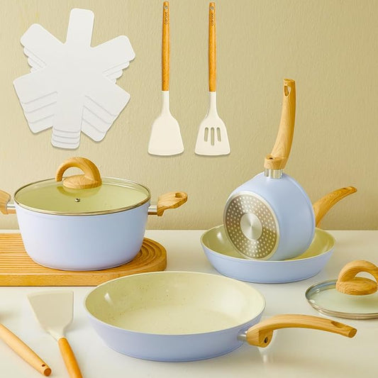 Blue Non Stick Pots and Pans Set, Healthy Ceramic Cookware Set, 12pcs Kitchen Cooking Pots and Frying Sauce Saute Pans Set, PFAS-Free with Kitchen Utensils and Lid