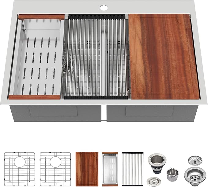 Logmey 33 Inch Double Bowl Kitchen Sink Drop In Kitchen Sinks Workstation 33x22x9 Inch 50/50 Stainless Steel 16 Gauge Handmade Topmount Sink