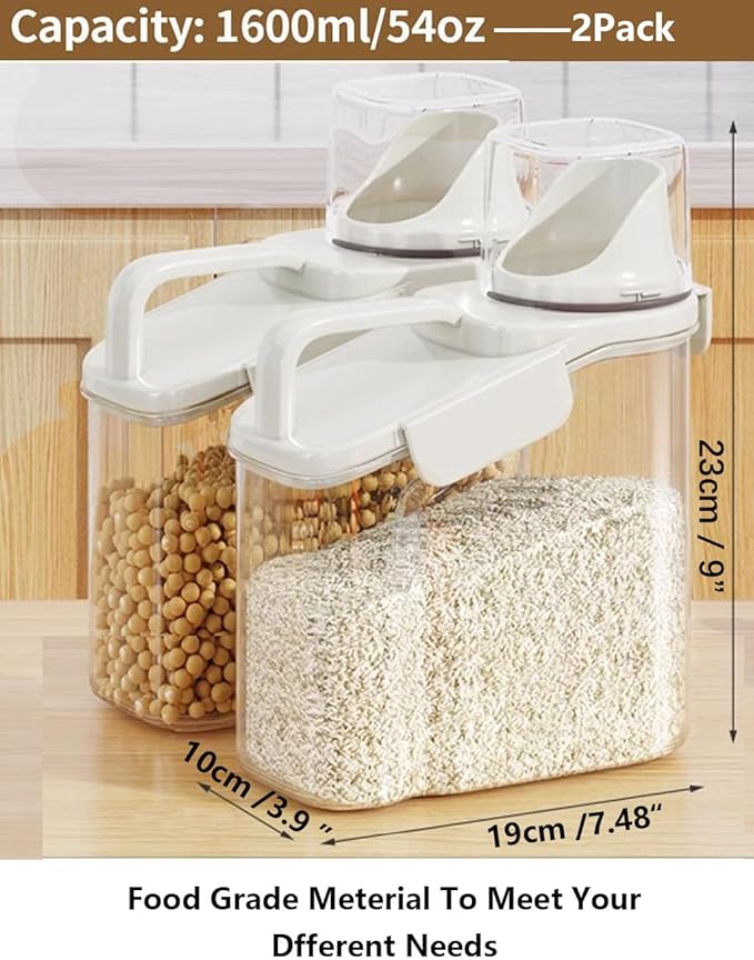 Cereal Containers Storage Airtight Small Dry Food Storage Containers with Pour Spout Cereal Dispenser Plastic Food Container kitchen Pantry Storage for Dry Food Flour Grain Snack, 2 Pack 1.6L