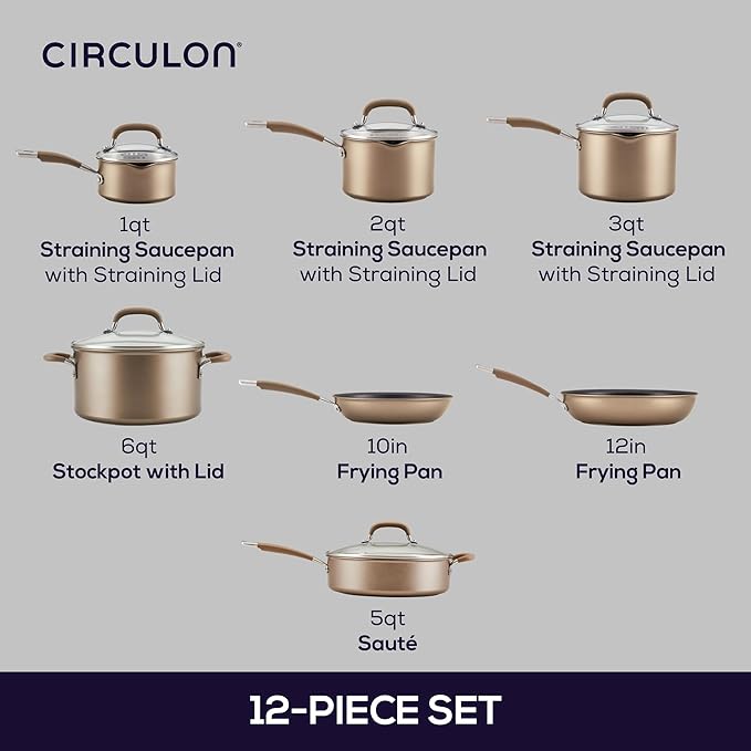 Circulon Premier Professional Hard Anodized Nonstick Cookware Induction Pots and Pans Set, 12 Piece, Bronze