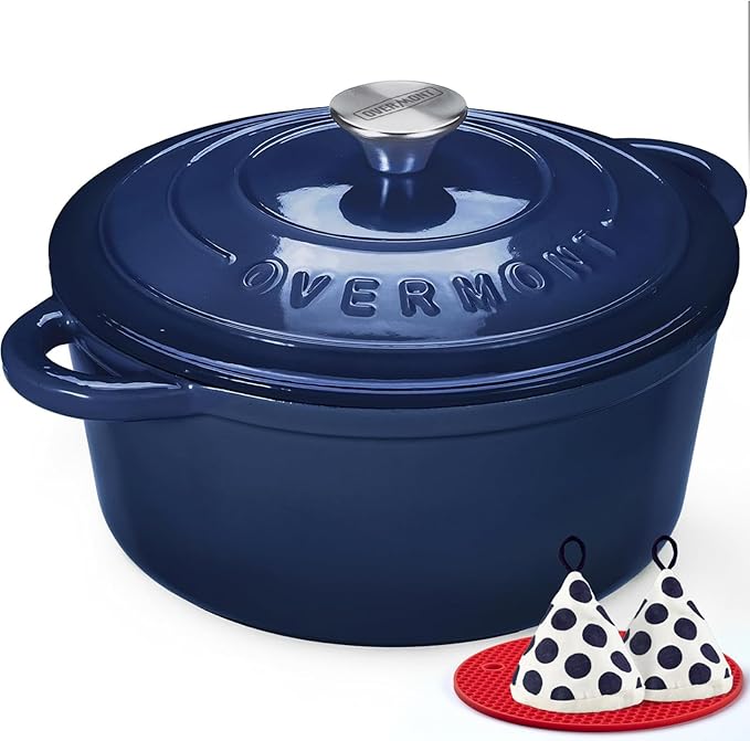 Overmont Enameled Cast Iron Dutch Oven - 5.5QT Pot with Lid Cookbook & Cotton Potholders - Heavy-Duty Cookware for Braising, Stews, Roasting, Bread Baking Indigo Blue