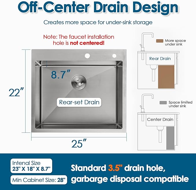 ROVOGO 25x22x8.7 in. Drop-in Kitchen Sink Single Bowl with Rear Drain, 18 Gauge Stainless Steel Handmade Top Mount Sink with 2-Hole, Brushed