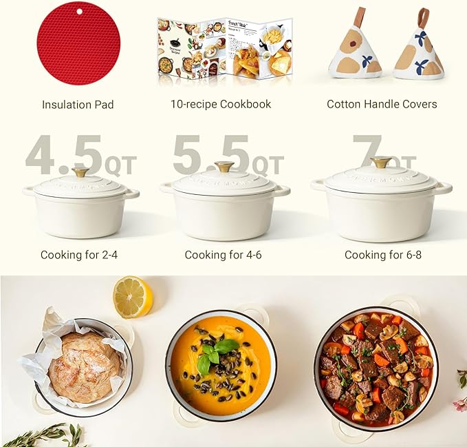 Overmont Enameled Cast Iron Dutch Oven - 7QT Pot with Lid Cookbook & Cotton Potholders - Heavy-Duty Cookware for Braising, Stews, Roasting, Bread Baking Cream White