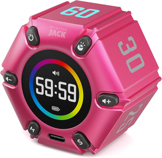 Printers Jack, Visual Pomodoro Timer, Productivity Cube Timer, Mute & Vibration & Adjustable Sound Alert, for Office, ADHD, Study, Work, 3/5/10/25/30/60min & Custom Countdown - Hot Pink