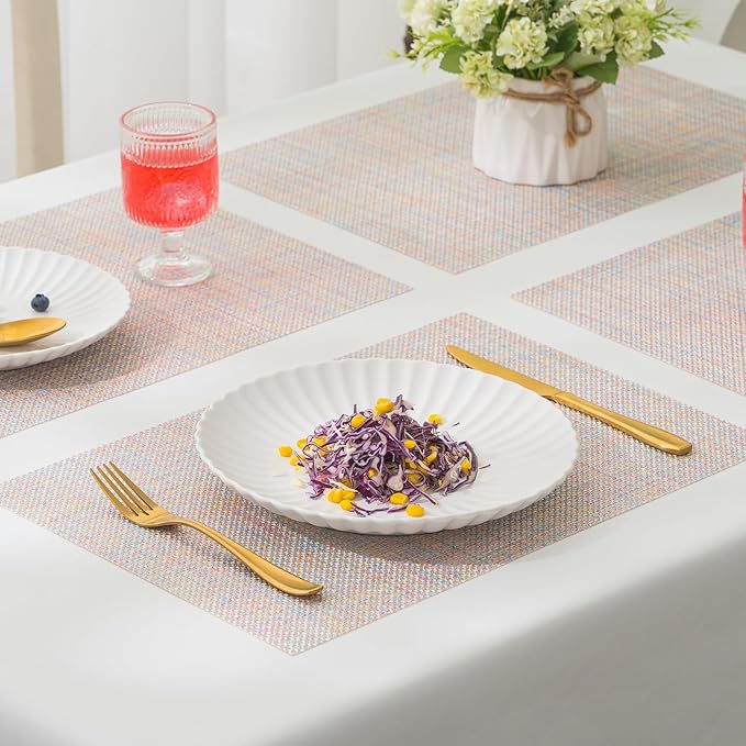 BACKTOEDEN Placemats Set of 6 Heat Resistant Washable Wipeable Placemat Woven Non-Slip Foldable Vinyl/Plastic Place Mats Indoor/Outdoor Mat Kitchen Dining Table Pad, Bright Silk Colorful