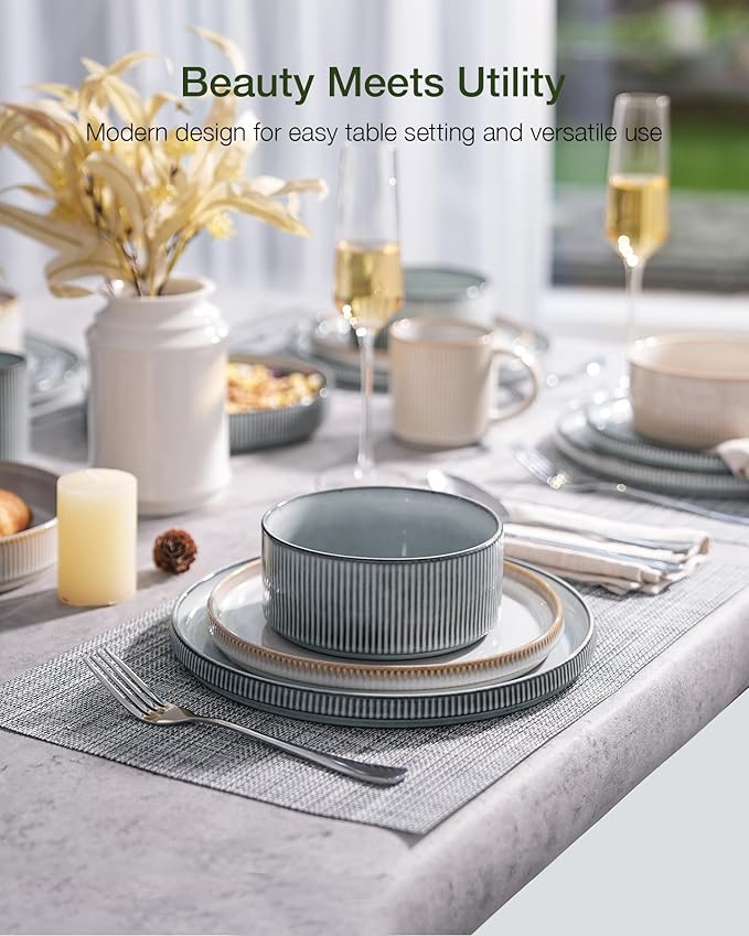 Famiware Star Dinnerware Set, Plates and Bowls Sets for 8 (24pcs), Ribbed Stoneware Dishes - Chip & Scratch Resistant, Microwave & Dishwasher Safe, Multicolor - Cappuccino White & Smoky Blue