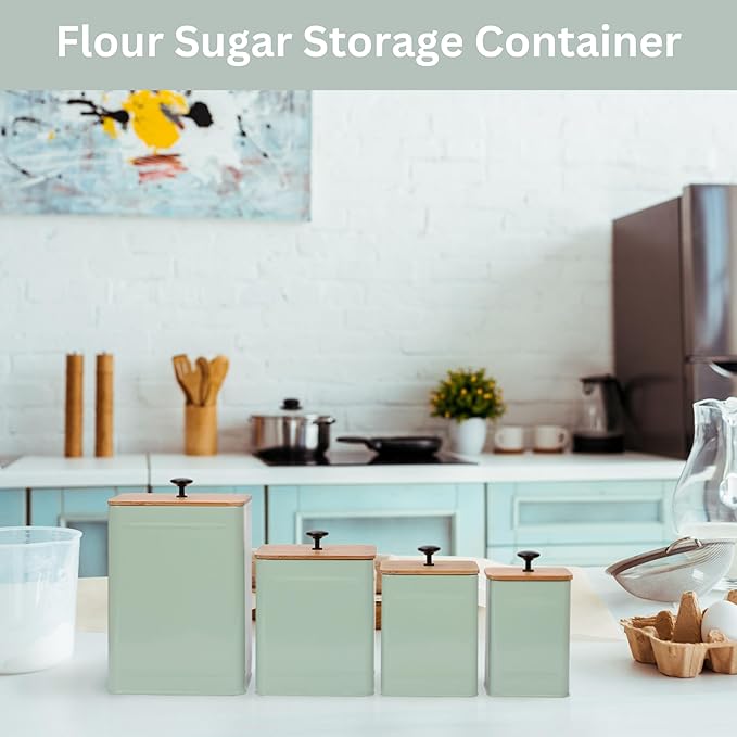 PERFNIQUE Kitchen Canisters, Airtight Canister Sets of 4 for Kitchen Counter, Sage Green Kitchen Accessories, Coffee Tea Sugar Flour Spice Tin Jars Food Storage (Sage Green)