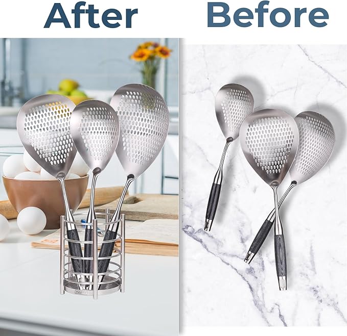 Utensil Holder for Kitchen Counter - 6.1" X 4.8" Large Metal Cooking Utensil Crock Stainless Steel Utensil Holder Container Canister Spatula Spoon Caddy Organizer-Brushed- Heavy Base, Silver