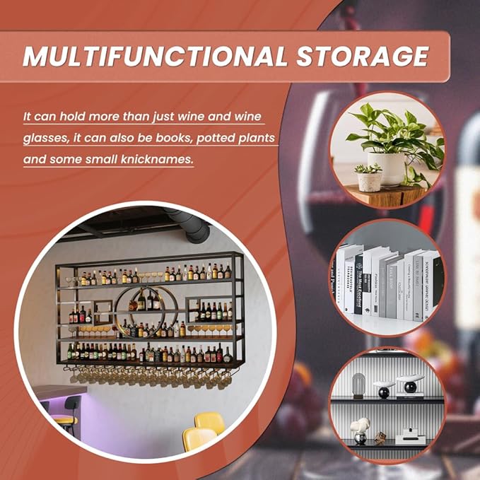 55" Wall Mounted Wine Rack with LED Light, 4 Tiers Bottle & Glass Holder, Metal Retro Wine Stand, Liquor Bottles Display Wall Storage Organizer, for Kitchen Dining Room Home Bar,55x8x51 inch