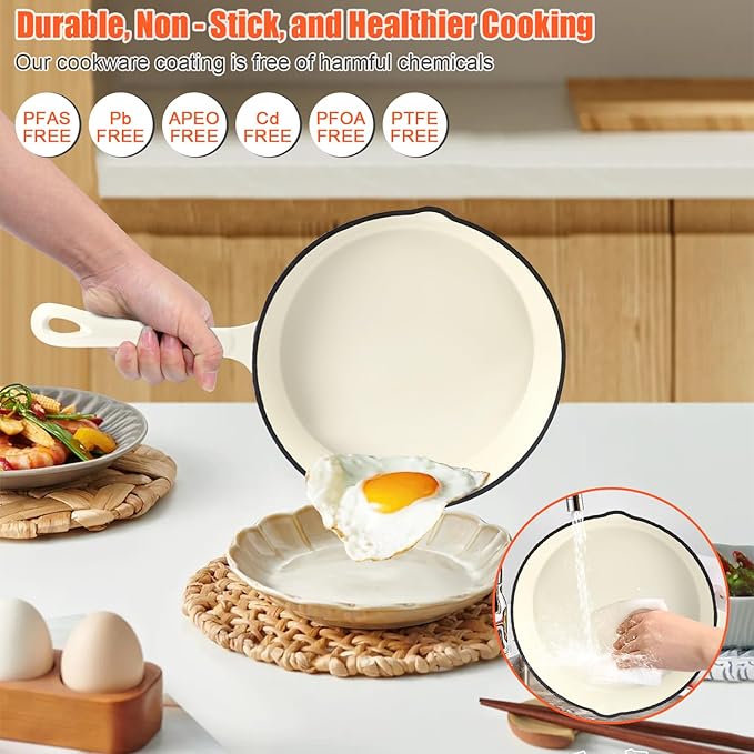 Nonstick Enameled Cast Iron Cookware Set- 3 Frying Pan and 1Piece Pots with Lid, Skillet, Heavy Duty Cookware, Dutch Oven Set for All Stovetops, Ideal for Sourdough Bread Baking,Cream White