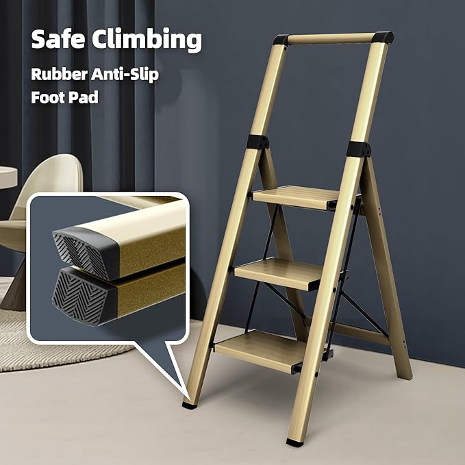 HillhutApex 3 Step Foldable Aluminum Step Ladder with Handgrip, Anti-Slip Pedal, 330 lbs Capacity, Lightweight & Portable for Home, Kitchen, Office, Garage (Gold)