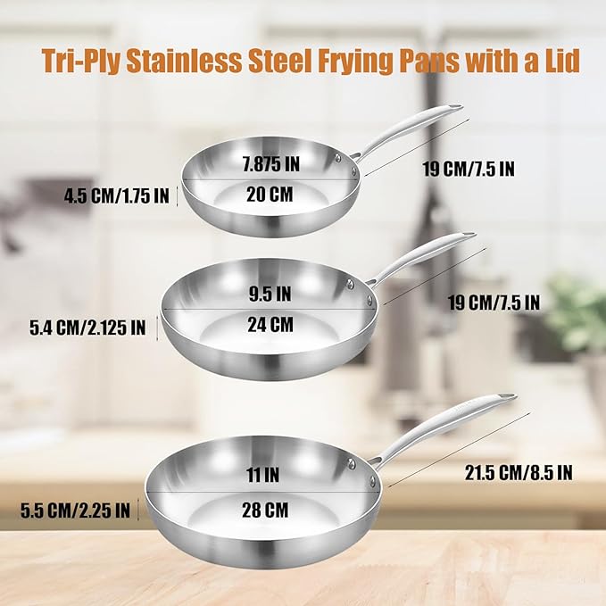 Inqibee Tri-Ply Stainless Steel Frying Pan Set of 3 with Lid,Skillets,Induction Cooking Pans Set,Riveted Handle,Eevn Heating and Oven Safe,8-9.5-11 Inch