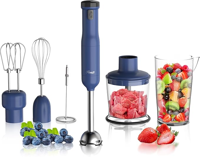 Rosewill 6-in-1 Multi-Speed Cordless Rechargeable Immersion Hand Blender, Heavy Duty Motor - Stick Blender, Beaker, Whisk, Chopper, Dual Beater, Milk Frother - For Smoothies, Baby Food, Soup (Blue)