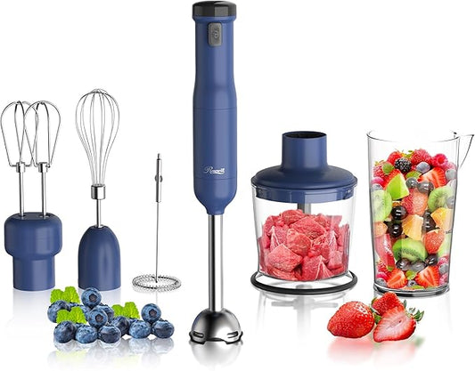 Rosewill 6-in-1 Multi-Speed Cordless Rechargeable Immersion Hand Blender, Heavy Duty Motor - Stick Blender, Beaker, Whisk, Chopper, Dual Beater, Milk Frother - For Smoothies, Baby Food, Soup (Blue)