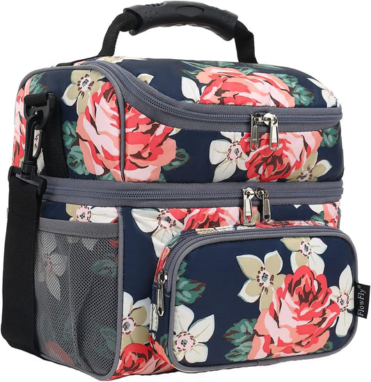 FlowFly Double Layer Cooler Insulated Lunch Bag Adult Lunch Box Large Tote Bag for Men, Women, With Adjustable Strap,Front Pocket and Dual Large Mesh Side Pockets
