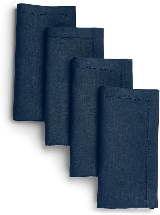 D'Moksha Homes Navy Blue Linen Napkins Set of 4 - Classic Hemstitch 100% Pure Linen Hemstitch Dinner Napkins 20 x 20 Inch for Fall, Thanksgiving, Holiday - Handcrafted and Machine Washable