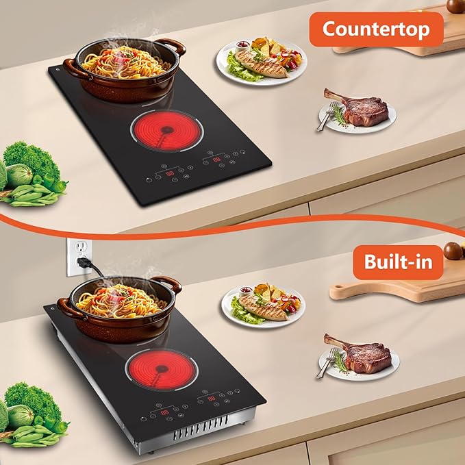 2 Burner Electric Cooktop, 12 Inch Built-in & Countertop Electric Stovetop, Ceramic Cooktop with Touch Control, Child Safety Lock, Timer, Pause Function, 9 Power Levels, 110V - 120V Plug in