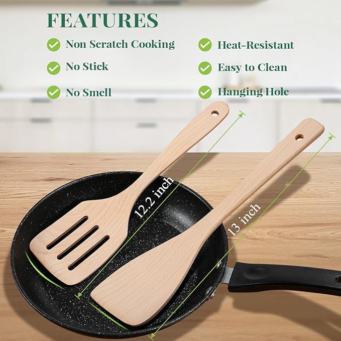 3Pcs Wooden Spatulas, 12inch Long Handle Slotted Turner Spatula Set, Uncoated Beech Wood Cooking Spoons for Non-Stick Cookware, Kitchen Utensils Set for Frying, Flipping, Scraping and Turning