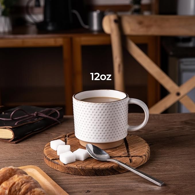 GBHOME 12OZ Stackable Coffee Mugs, Ceramic Coffee Mugs with Texture Patterns for Man,Woman,Dad,Mom, Modern Coffee Mugs Set of 4 for Latte/Cappuccino/Cocoa. Dishwasher&Microwave Safe, Off White