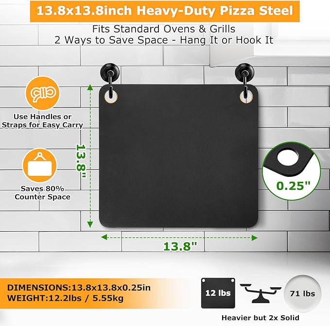Pizza Steel, Baking Steel for Oven & Grill, Duvecfoi 13.8x13.8” Pizza Baking Pan for Artisan Pizza, Multi-Purpose Tool for Home Cooks & Lovers, Fast Heating, Crisp Crust(.25" Thick)
