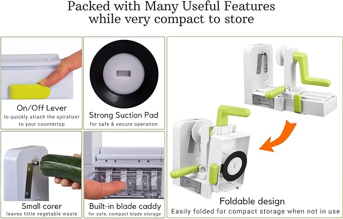 Brieftons QuickFold 5-Blade Spiralizer: Versatile & Compact Foldable Vegetable Spiral Slicer, Best Veggie Pasta Spaghetti Maker for Low Carb/Paleo/Gluten-Free with Brush & 4 Recipe Ebooks