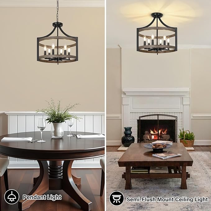 6-Light Farmhouse Chandelier, Metal Faux Wood Hanging Pendant Lighting, Convertible Semi Flush Mount Ceiling Light Fixture Rustic Black Chandeliers for Dining Room Kitchen Foyer Entryway