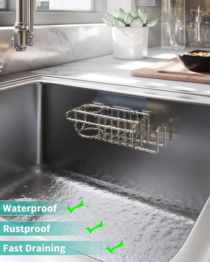 HapiRm Sink Caddy Sponge Holder - No Drill Sponge Holder for Kitchen Sink, Rustproof and Waterproof Kitchen Organizer - Brushed Nickel