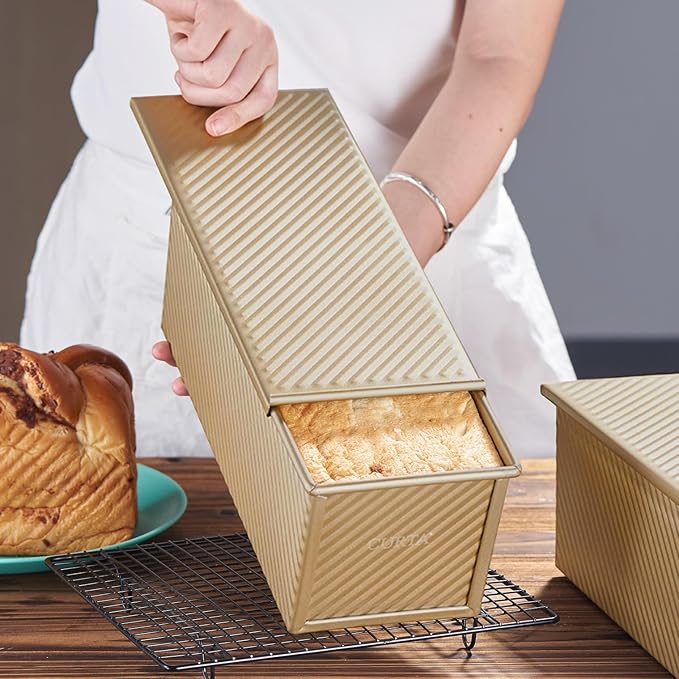 CURTA Commercial Pullman Loaf Pan with Lid 2.2 lb Dough Capacity Non-Stick Bakeware for Baking Bread Corrugated Bread Toast Box Mold extra large loaf pan Champagne Gold 2pcs