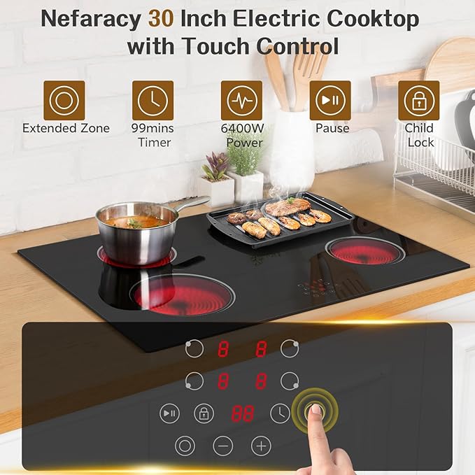 30 Inch Electric Cooktop with 4 Burner, 6400W Electric Stove top with Touch Control, Built-in Ceramic Cooktop, Pause, Safety Lock, Extended Zone & Timer, 220V Hard Wire, Nefaracy