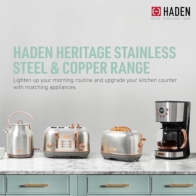 Haden Heritage 4 Slice Wide Slot Stainless Steel Toaster with Adjustable Browning Control & Non-Slip Feet, Steel & Copper